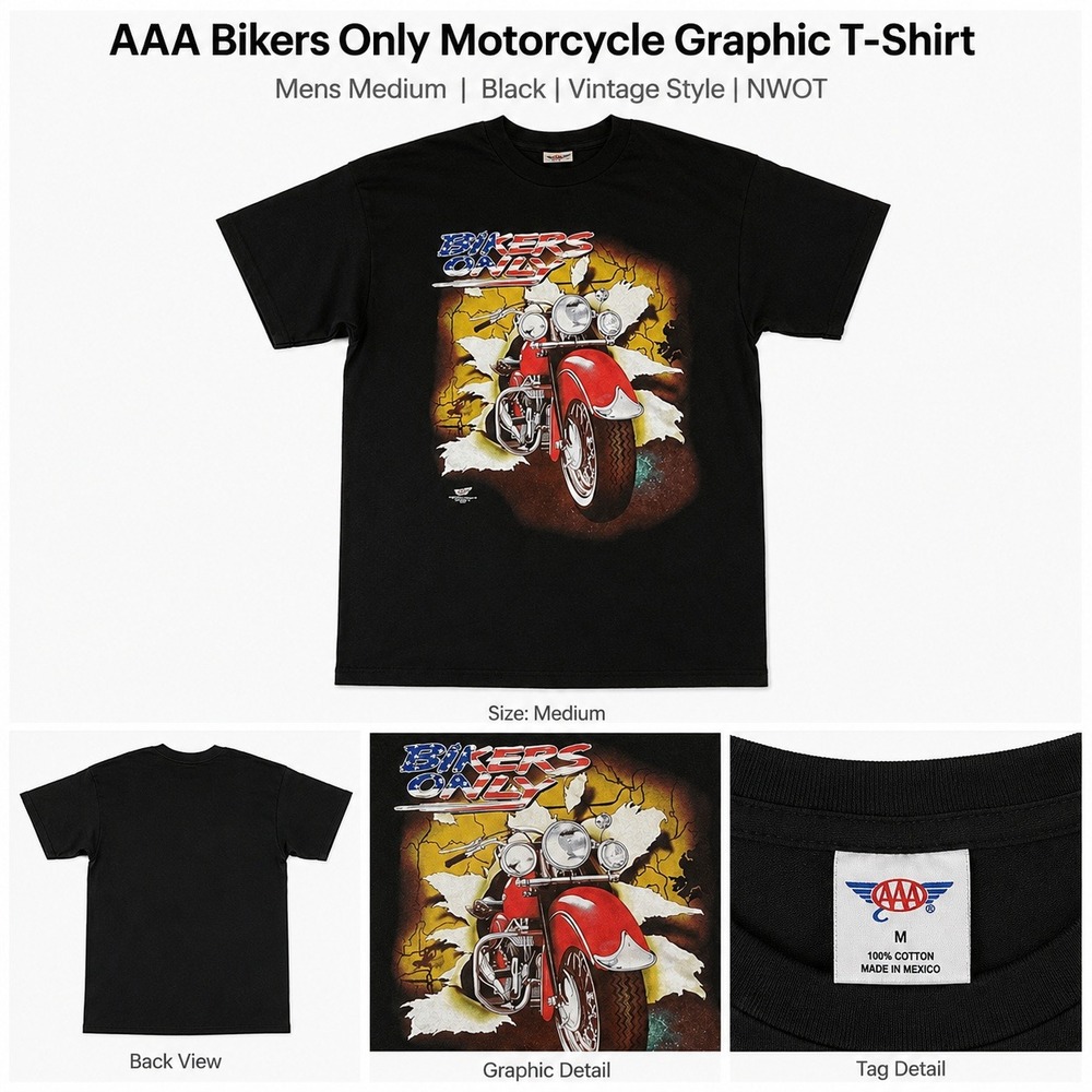 AAA Bikers Only Motorcycle Graphic T-Shirt Mens Medium Black Vintage Style NWOT